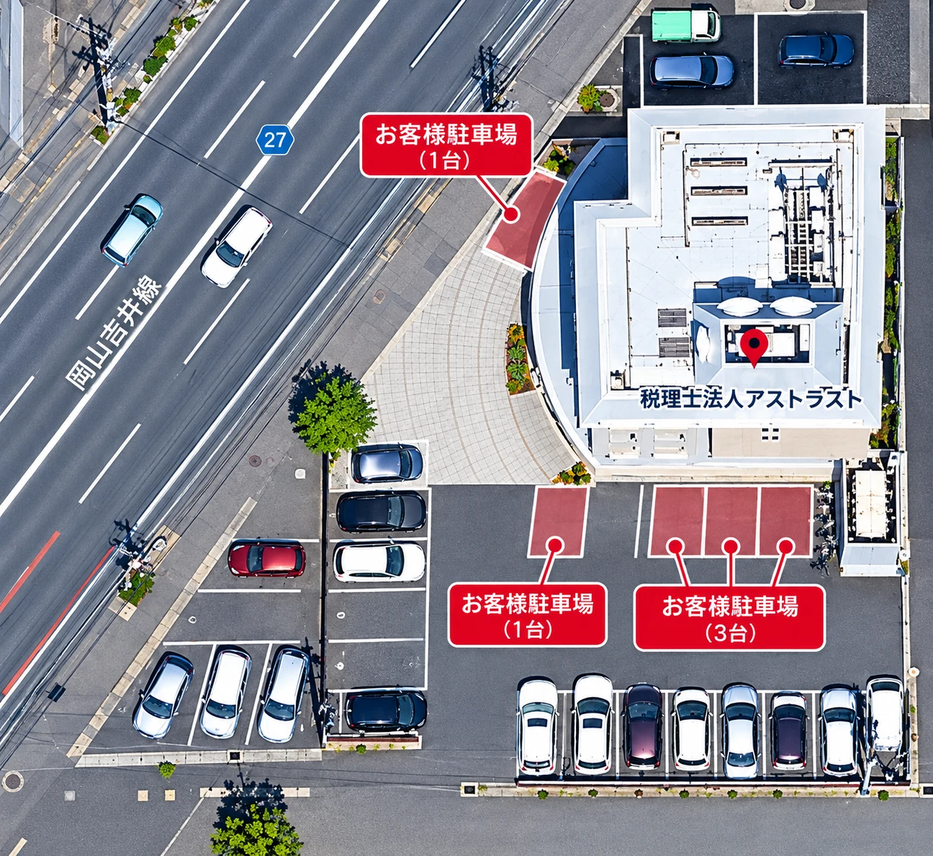 事務所周辺の航空写真。建物に「税理士法人アストラスト」の表示があり、道路（岡山吉井線）側に来客用駐車場1台、建物の南側に1台と3台の来客用駐車場が赤く示されています。